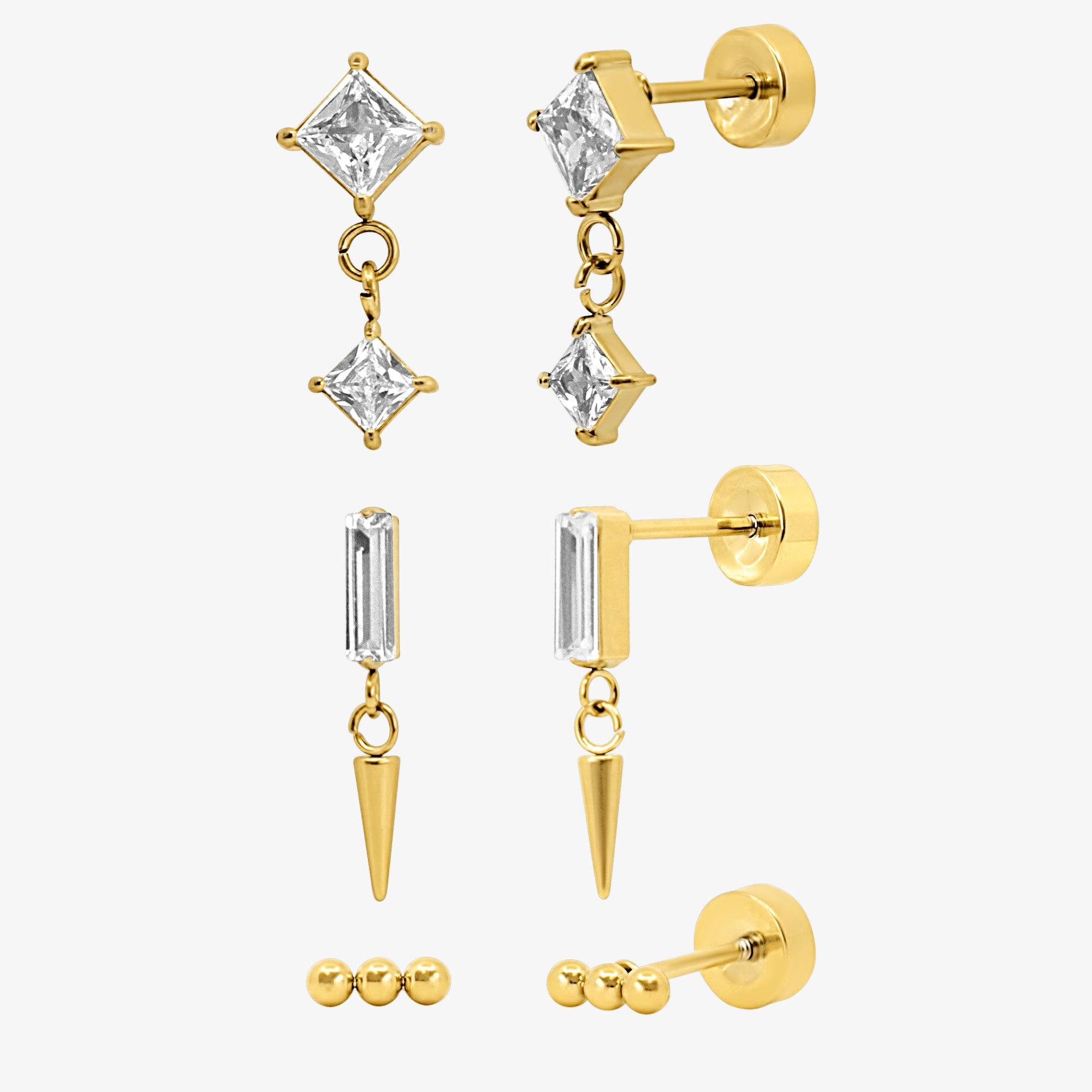 Evry Jewels Cool Girl Flat Back 3 Piece Earring Set