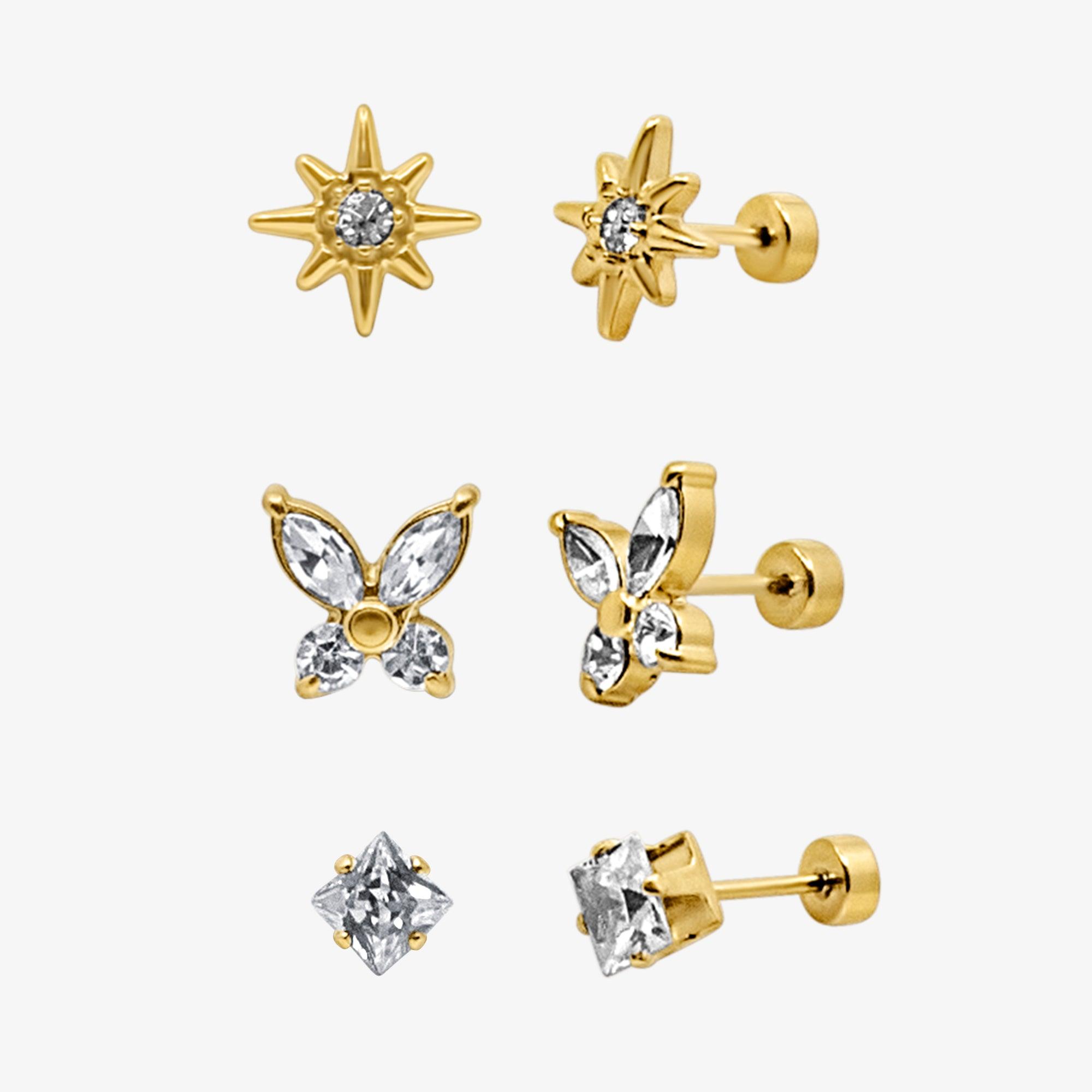Evry Jewels Eternal Twinkle 3 Pack Flat Back Earrings Set