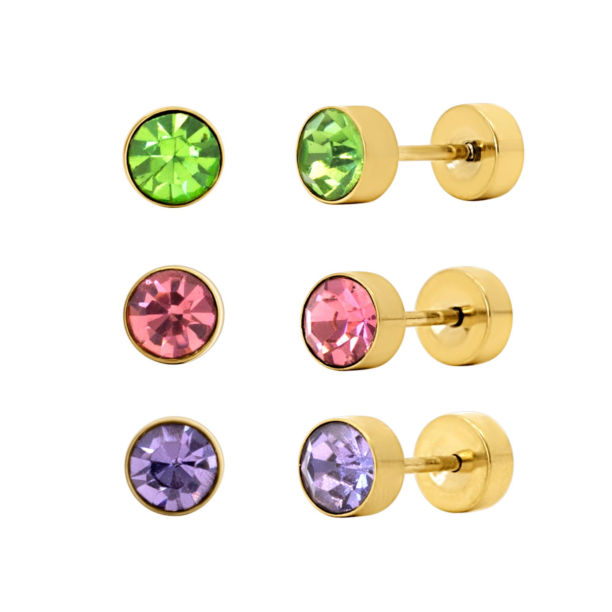Evry Jewels Rainbow Babe Flat Back 3 Piece Earring Set Gold